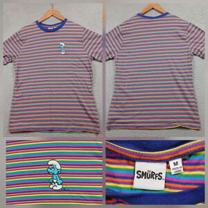 The Smurfs T-Shirt Mens Medium M Rainbow Striped Embroidered Grouchy Smurf